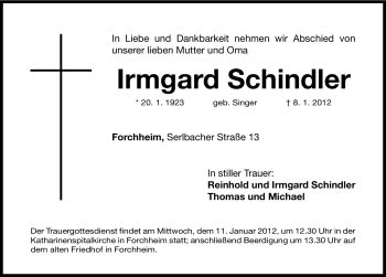 Traueranzeige von Irmgard Schindler von Nordbayerische Nachrichten Forchheim Lokal