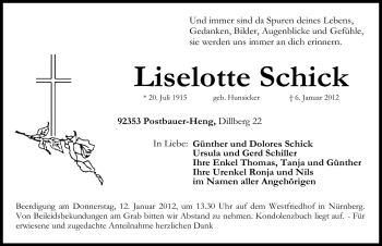 Traueranzeige von Liselotte Schick von Gesamtausgabe Nürnberger Nachrichten / Nürnberger Zeitung