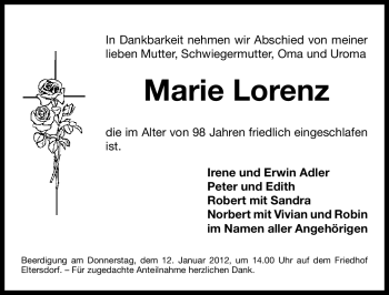 Traueranzeige von Marie Lorenz von Gesamtausgabe Nürnberger Nachrichten / Nürnberger Zeitung