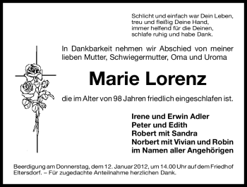 Traueranzeige von Marie Lorenz von Gesamtausgabe Nürnberger Nachrichten / Nürnberger Zeitung