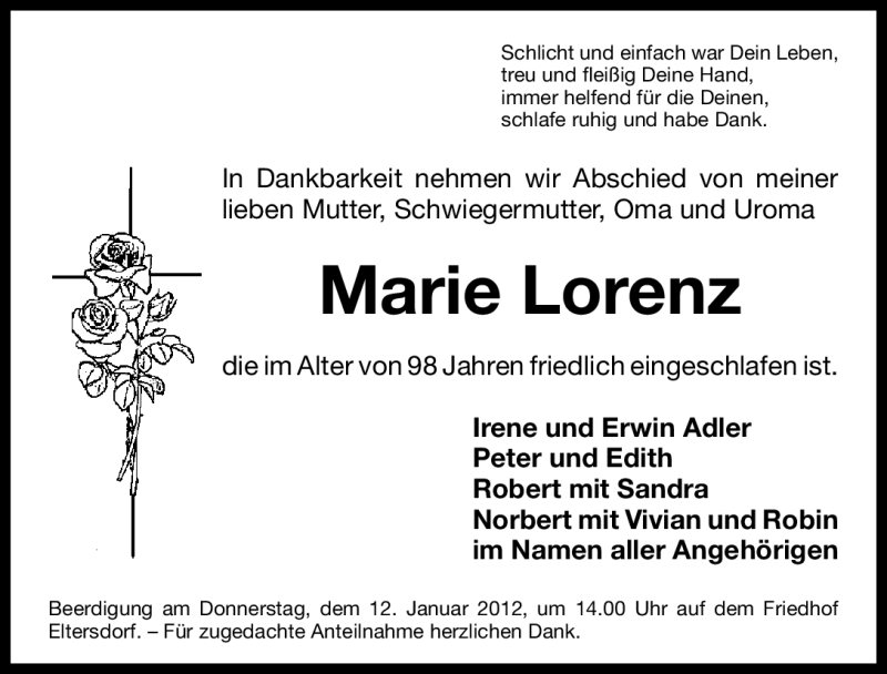  Traueranzeige für Marie Lorenz vom 12.01.2012 aus Erlanger Nachrichten Lokal