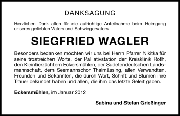 Traueranzeige von Siegfried Wagler von Roth-Hilpoltsteiner Volkszeitung Lokal