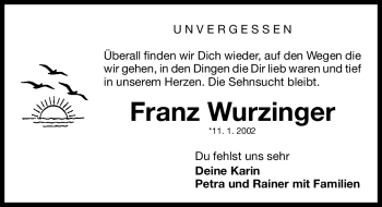 Traueranzeige von Franz Wurzinger von Gesamtausgabe Nürnberger Nachrichten / Nürnberger Zeitung
