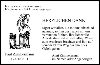 Traueranzeige von Paul Zimmermann von Gesamtausgabe Nürnberger Nachrichten / Nürnberger Zeitung