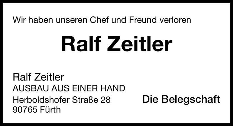  Traueranzeige für Ralf Zeitler vom 12.01.2012 aus Gesamtausgabe Nürnberger Nachrichten / Nürnberger Zeitung