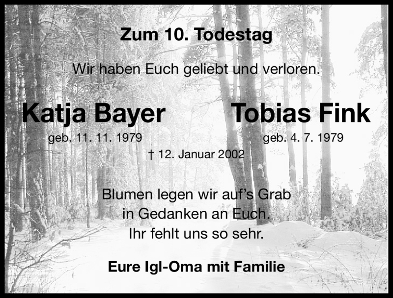  Traueranzeige für Tobias Fink vom 12.01.2012 aus Erlanger Nachrichten Lokal