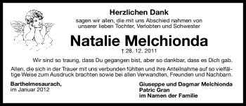 Traueranzeige von Natalie Melchionda von Gesamtausgabe Nürnberger Nachrichten / Nürnberger Zeitung