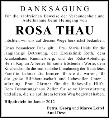 Traueranzeige von Rosa Thau von Roth-Hilpoltsteiner Volkszeitung Lokal