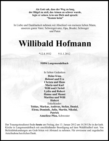 Traueranzeige von Willibald Hofmann von Nordbayerische Nachrichten Forchheim Lokal