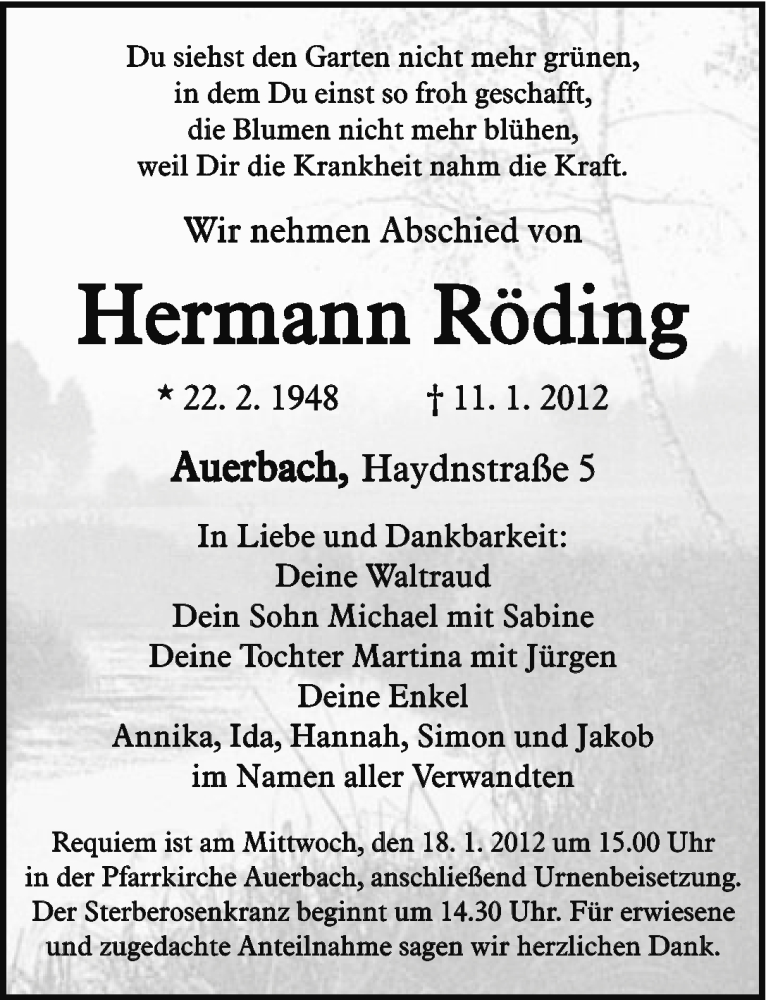  Traueranzeige für Hermann Röding vom 13.01.2012 aus Nordbayerische Nachrichten Pegnitz Lokal