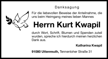 Traueranzeige von Kurt Kwapil von Erlanger Nachrichten Lokal
