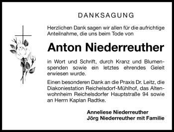 Traueranzeige von Anton Niederreuther von Gesamtausgabe Nürnberger Nachrichten / Nürnberger Zeitung