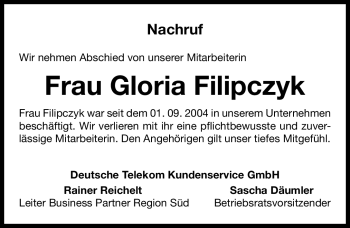 Traueranzeige von Gloria Filipczyk von Gesamtausgabe Nürnberger Nachrichten / Nürnberger Zeitung