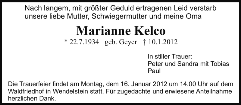  Traueranzeige für Marianne Kelco vom 14.01.2012 aus Gesamtausgabe Nürnberger Nachrichten / Nürnberger Zeitung