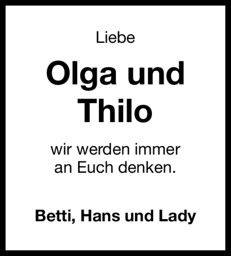  Traueranzeige für Olga und Thilo anzeige vom 16.01.2012 aus Gesamtausgabe Nürnberger Nachrichten / Nürnberger Zeitung