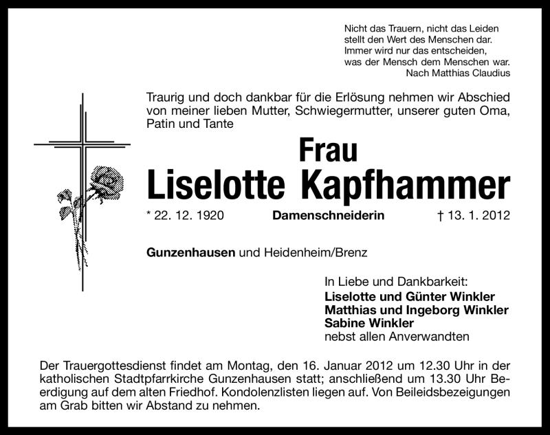  Traueranzeige für Liselotte Kapfhammer vom 14.01.2012 aus Altmühl-Bote Lokal