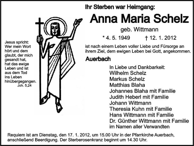  Traueranzeige für Anna-Maria Schelz vom 14.01.2012 aus Nordbayerische Nachrichten Pegnitz Lokal