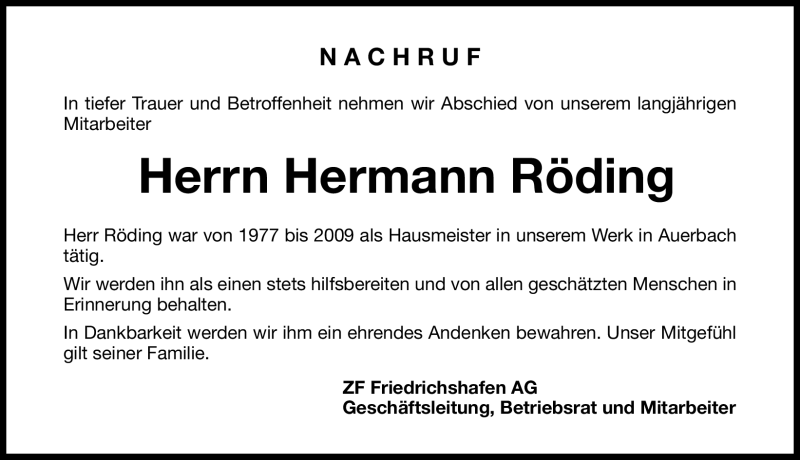  Traueranzeige für Hermann Röding vom 18.01.2012 aus Nordbayerische Nachrichten Pegnitz Lokal
