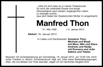 Traueranzeige von Manfred Thon von Gesamtausgabe Nürnberger Nachrichten / Nürnberger Zeitung