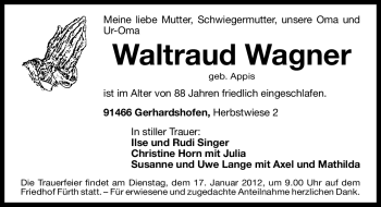 Traueranzeige von Waltraud Wagner von Fürther Nachrichten Lokal