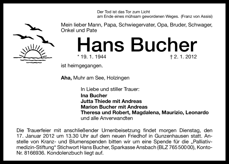  Traueranzeige für Hans Bucher vom 16.01.2012 aus Altmühl-Bote Lokal