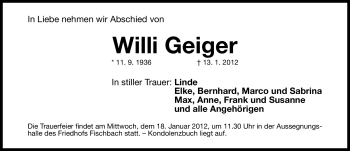 Traueranzeige von Willi Geiger von Gesamtausgabe Nürnberger Nachrichten / Nürnberger Zeitung
