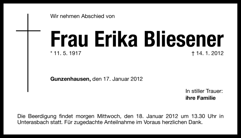  Traueranzeige für Erika Bliesener vom 17.01.2012 aus Altmühl-Bote Lokal