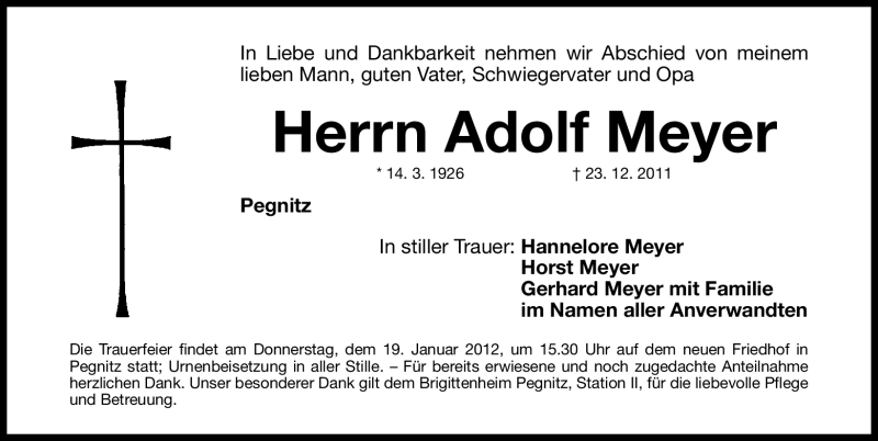  Traueranzeige für Adolf Meyer vom 17.01.2012 aus Nordbayerische Nachrichten Pegnitz Lokal