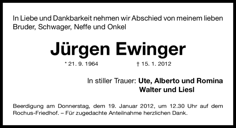  Traueranzeige für Jürgen Ewinger vom 17.01.2012 aus Gesamtausgabe Nürnberger Nachrichten / Nürnberger Zeitung