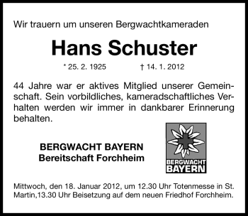 Traueranzeige von Hans Schuster von Nordbayerische Nachrichten Forchheim Lokal