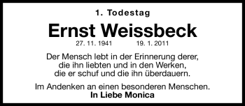 Traueranzeige von Ernst Weissbeck von Gesamtausgabe Nürnberger Nachrichten / Nürnberger Zeitung