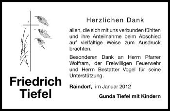 Traueranzeige von Fiedrich Tiefel von Fürther Nachrichten Lokal