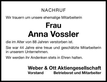 Traueranzeige von Anna Vossler von Nordbayerische Nachrichten Forchheim Lokal
