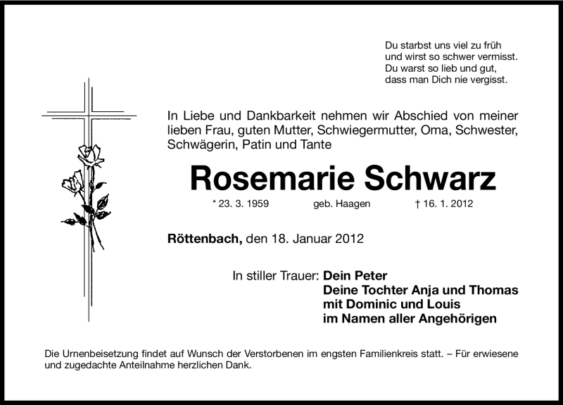  Traueranzeige für Rosemarie Schwarz vom 18.01.2012 aus Nordbayerische Nachrichten Herzogenaurach Lokal