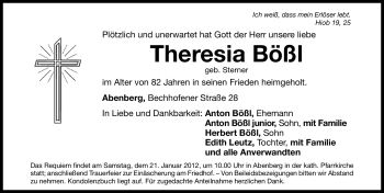 Traueranzeige von Theresia Bößl von Roth-Hilpoltsteiner Volkszeitung Lokal