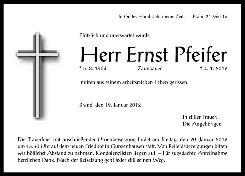  Traueranzeige für Ernst Pfeifer vom 19.01.2012 aus Altmühl-Bote Lokal