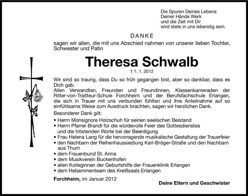  Traueranzeige für Theresa Schwalb vom 21.01.2012 aus Nordbayerische Nachrichten Forchheim Lokal