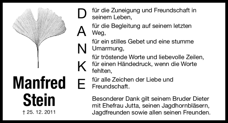  Traueranzeige für Manfred Stein vom 21.01.2012 aus Gesamtausgabe Nürnberger Nachrichten / Nürnberger Zeitung