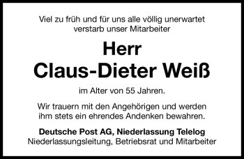 Traueranzeige von Claus-Dieter Weiß von Gesamtausgabe Nürnberger Nachrichten / Nürnberger Zeitung