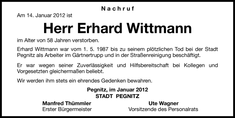  Traueranzeige für Erhard Wittmann vom 20.01.2012 aus Nordbayerische Nachrichten Pegnitz Lokal