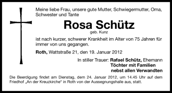 Traueranzeige von Rosa Schütz von Roth-Hilpoltsteiner Volkszeitung Lokal