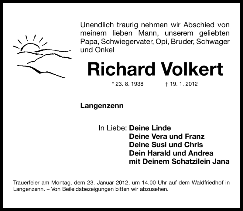  Traueranzeige für Richard Volkert vom 20.01.2012 aus Fürther Nachrichten Lokal
