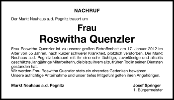 Traueranzeige von Roswitha Quenzler von Nordbayerische Nachrichten Pegnitz Lokal