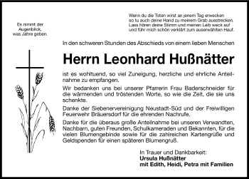 Traueranzeige von Leonhard Hußnätter von Fürther Nachrichten Lokal