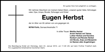 Traueranzeige von Eugen Herbst von Fürther Nachrichten Lokal