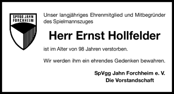 Traueranzeige von Ernst Hollfelder von Nordbayerische Nachrichten Forchheim Lokal