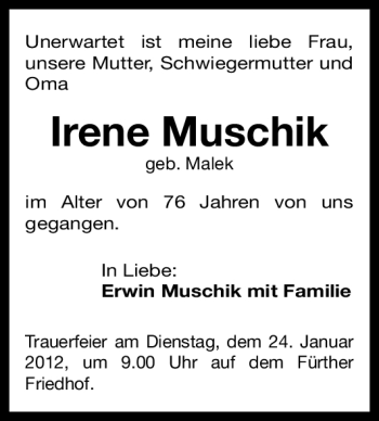 Traueranzeige von Irene Muschik von Gesamtausgabe Nürnberger Nachrichten / Nürnberger Zeitung