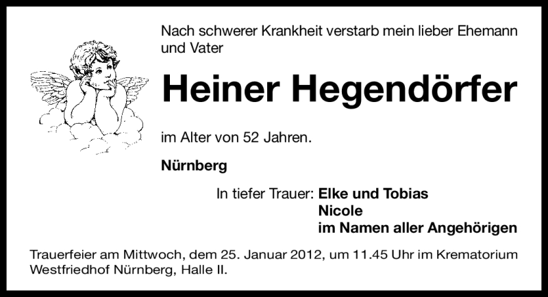  Traueranzeige für Heiner Hegendörfer vom 23.01.2012 aus Gesamtausgabe Nürnberger Nachrichten / Nürnberger Zeitung