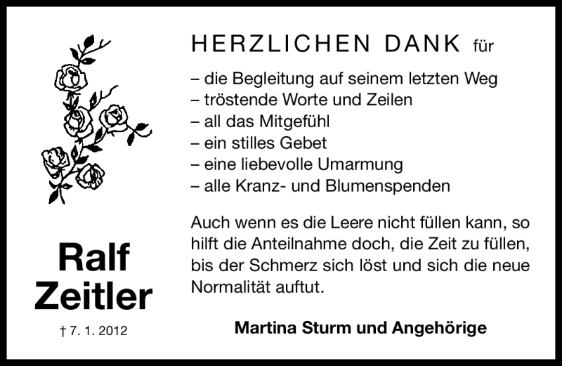  Traueranzeige für Ralf Zeitler vom 25.01.2012 aus Gesamtausgabe Nürnberger Nachrichten / Nürnberger Zeitung