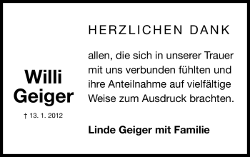 Traueranzeige von Willi Geiger von Gesamtausgabe Nürnberger Nachrichten / Nürnberger Zeitung